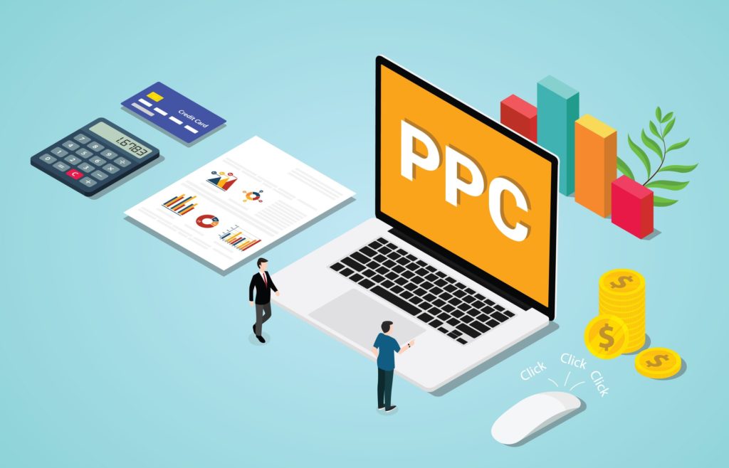 Pay per click advertising illustration showing a PPC consultant looking at a laptop