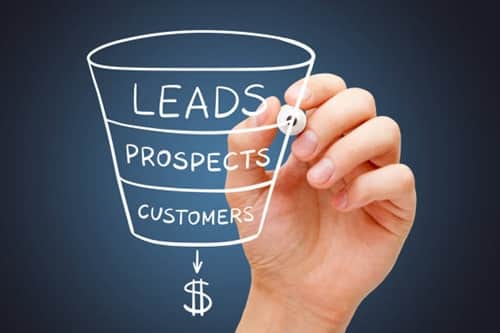 Hand sketching sales or revenue funnel marketing concept with white marker on transparent wipe board.