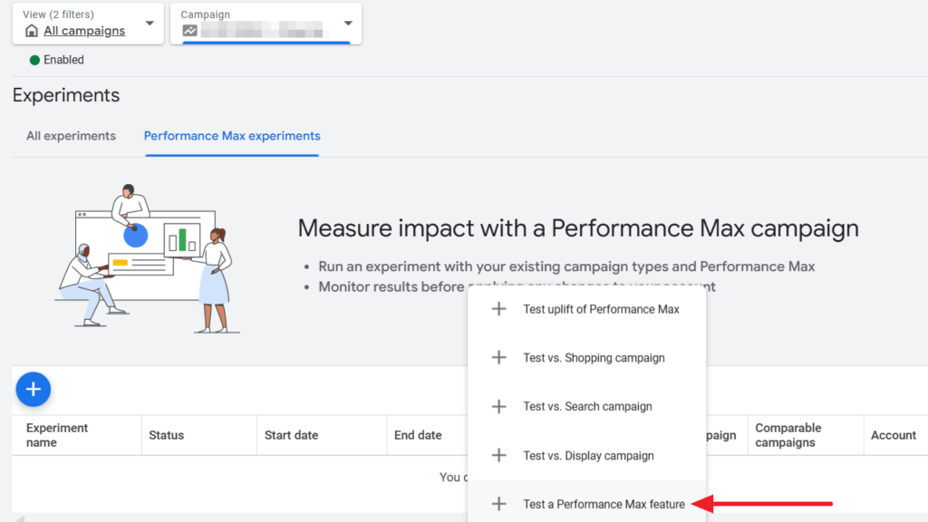 the experiments report in performance max campaigns