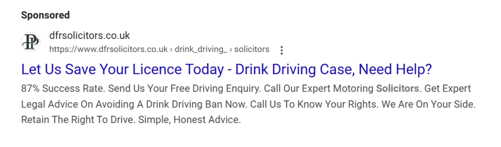 An example of a great ad in Google Ads for traffic attorneys